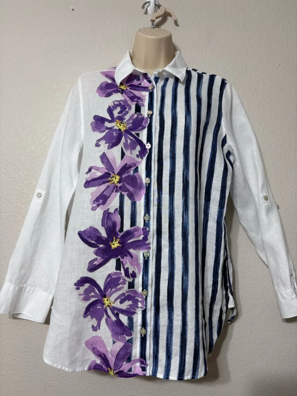 Chico’s Button-Down Linen Shirt with Purple Floral & Navy Stripe Roll Tab Sleeve - Picture 2 of 15